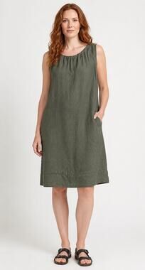 Pistache Linen Gathered Dress Knee Length Green Vine Womens Size Medium New